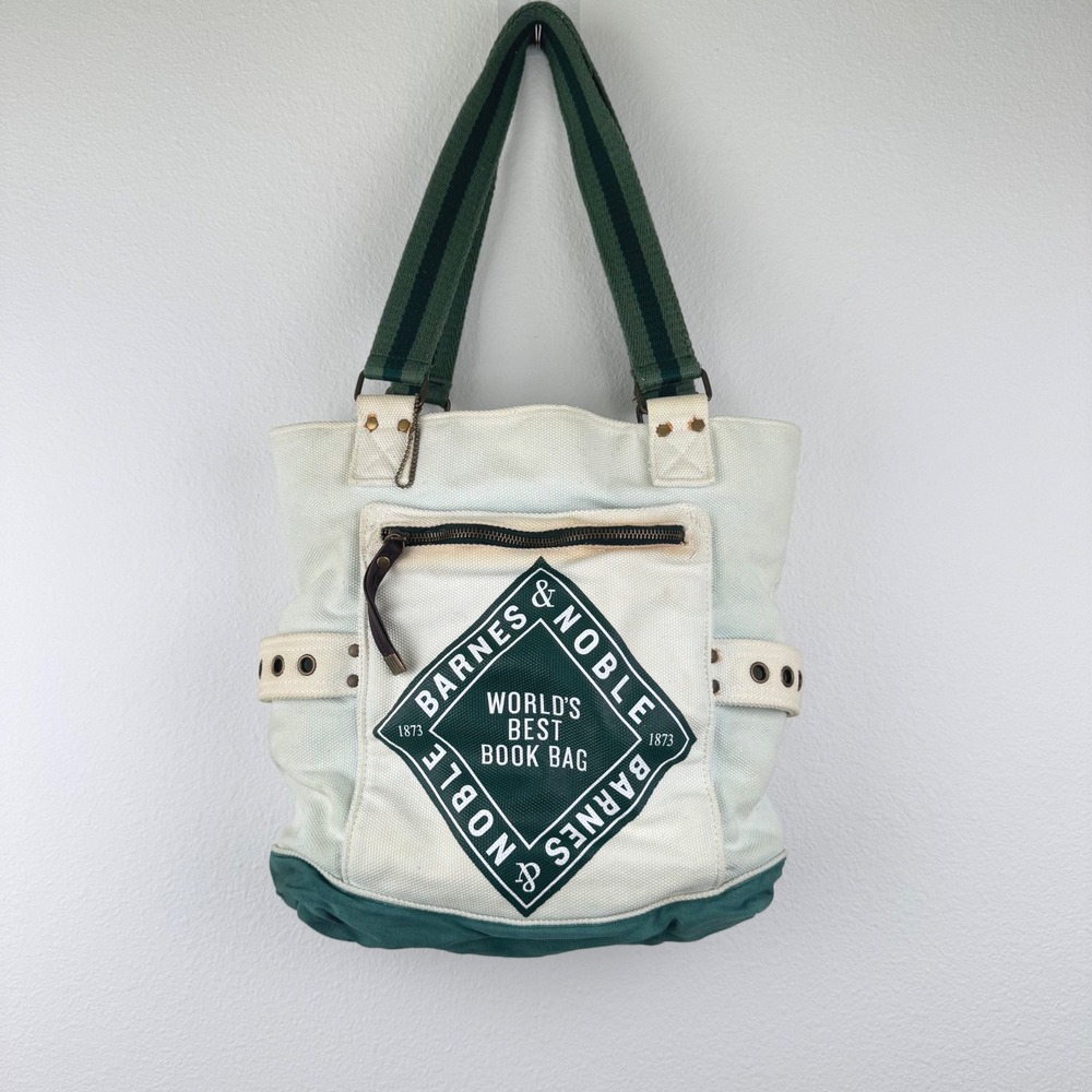 Barnes & Noble Vintage Tote Bag Large Green Cream Good World's Best Book Bag